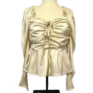 Six/Fifty The Ruby Blouse Medium Ivory Satin Puff Sleeve Ruched Peplum Top NWT